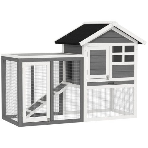 PawHut Rabbit Hutch Outdoor Wooden Guinea Pig Hutch Rabbit Run Bunny Cage Small Animal House Pull-Out Tray, Grey, 124 x 63 x 93 cm