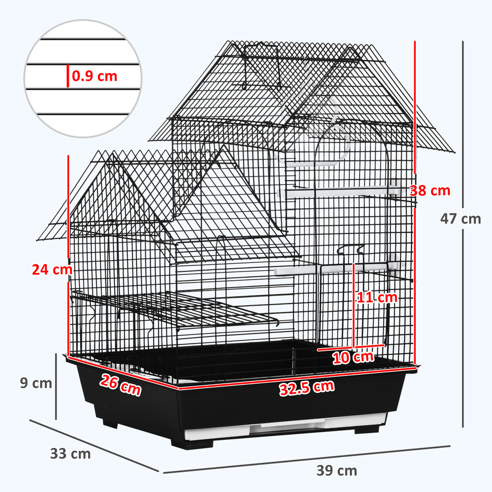 PawHut Metal Bird Cage for Finch, Canary w/ Food Containers, Swing Ring, Tray, Handle, 39 x 33 x 47cm