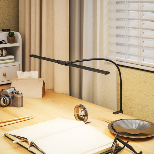 HOMCOM LED Desk Lamp with Clamp, Double Head Table Lamp with 3 Colour Modes & 10 Brightness Levels, Flexible Gooseneck Reading Desk Light with Timer and Memory Function for Study, Office, Work, Black