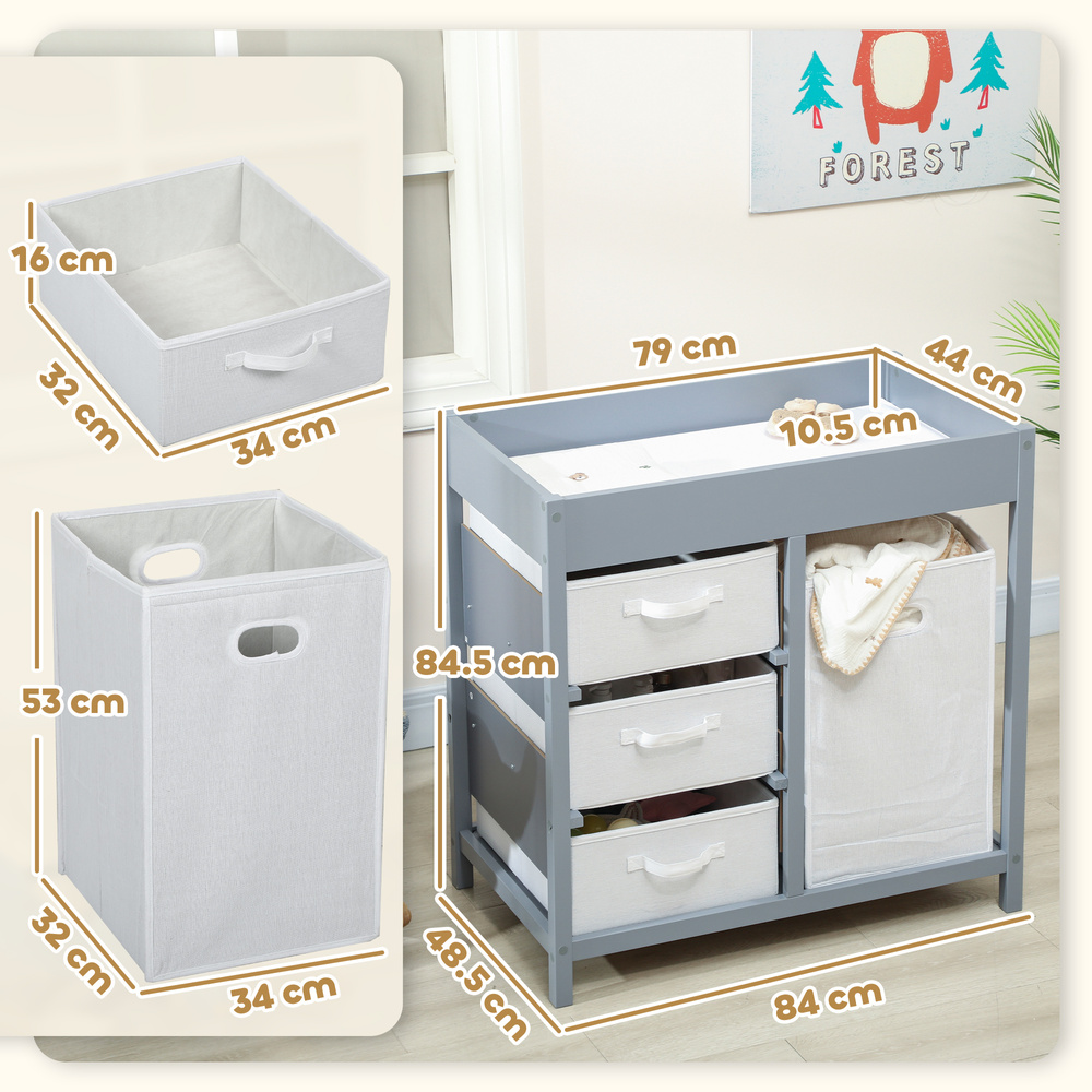 AIYAPLAY Baby Changing Unit with 4 Storage Drawers, Mat for Bedroom Nursery, 84 x 84.5 cm, Grey