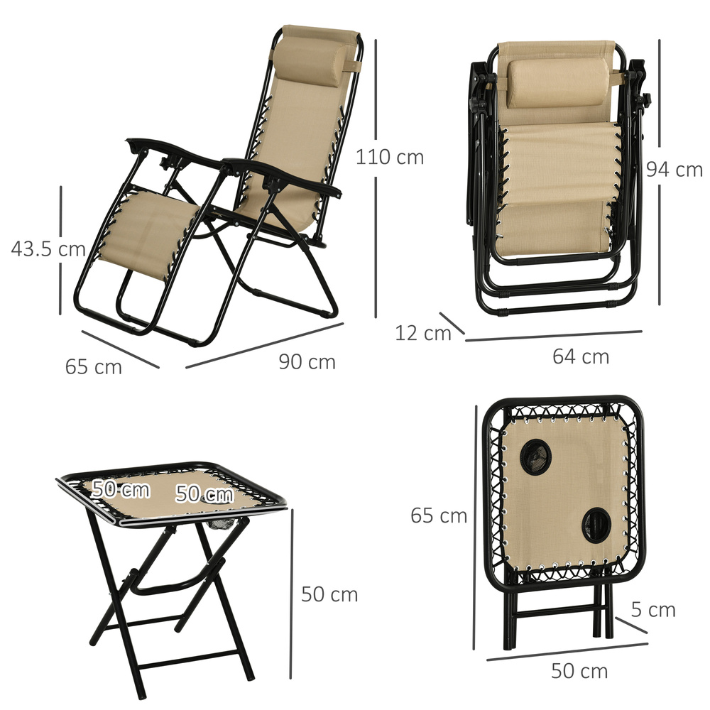 Outsunny Folding Zero Gravity Chairs, 3 Pieces Adjustable Sun Lounger and Table Set with Cup Holder and Headrest, Patio Bistro Set with Reclining Garden Chairs for Outdoor, Beige