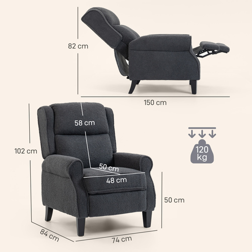 HOMCOM 132° Recliner Armchair, with Extended Footrest - Dark Grey