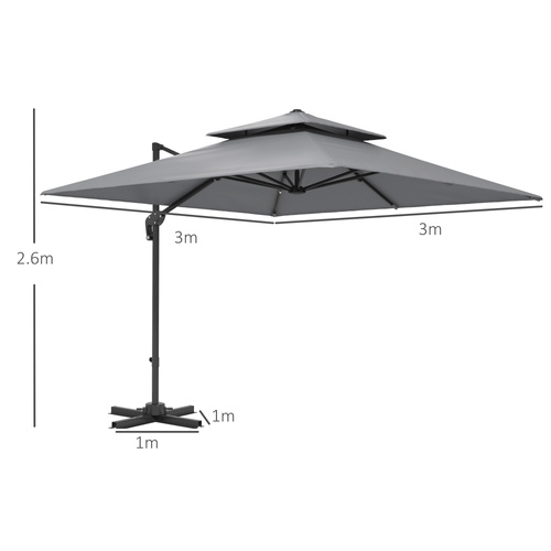 Outsunny 3 x 3(m) Cantilever Parasol with Aluminium Frame, Crank and Tilt, 360-Degree Rotation, Double Top Garden Umbrella with Cover (Only Cross Base), Light Grey