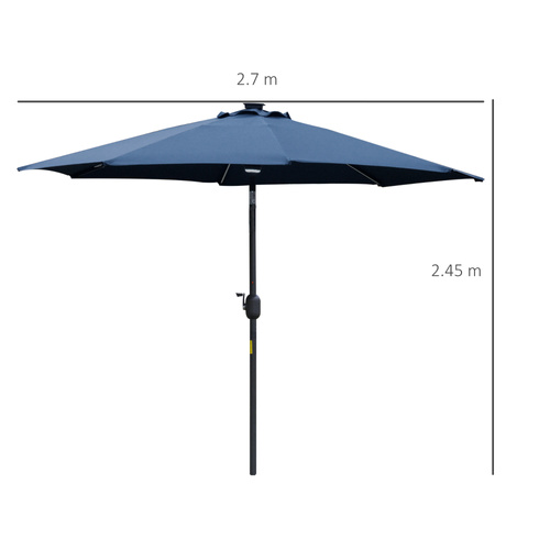 Outsunny 2.7m Garden Parasol Sun Umbrella w/ LED Solar Light Angled Canopy Blue