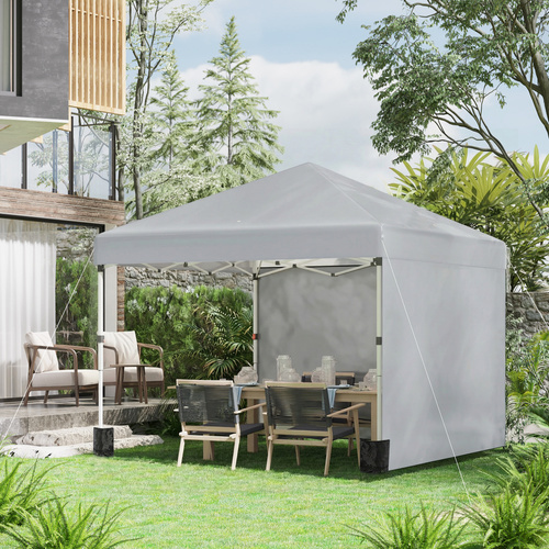 Outsunny 3 x 3 m Pop Up Gazebo, UPF 30+ Party Tent with 2 Sidewalls, Weight Bags and Wheeled Bag, Light Grey