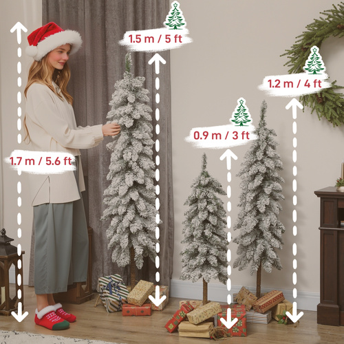 HOMCOM Set of 3 Pencil Flocked Christmas Tree, 3ft 4ft 5ft