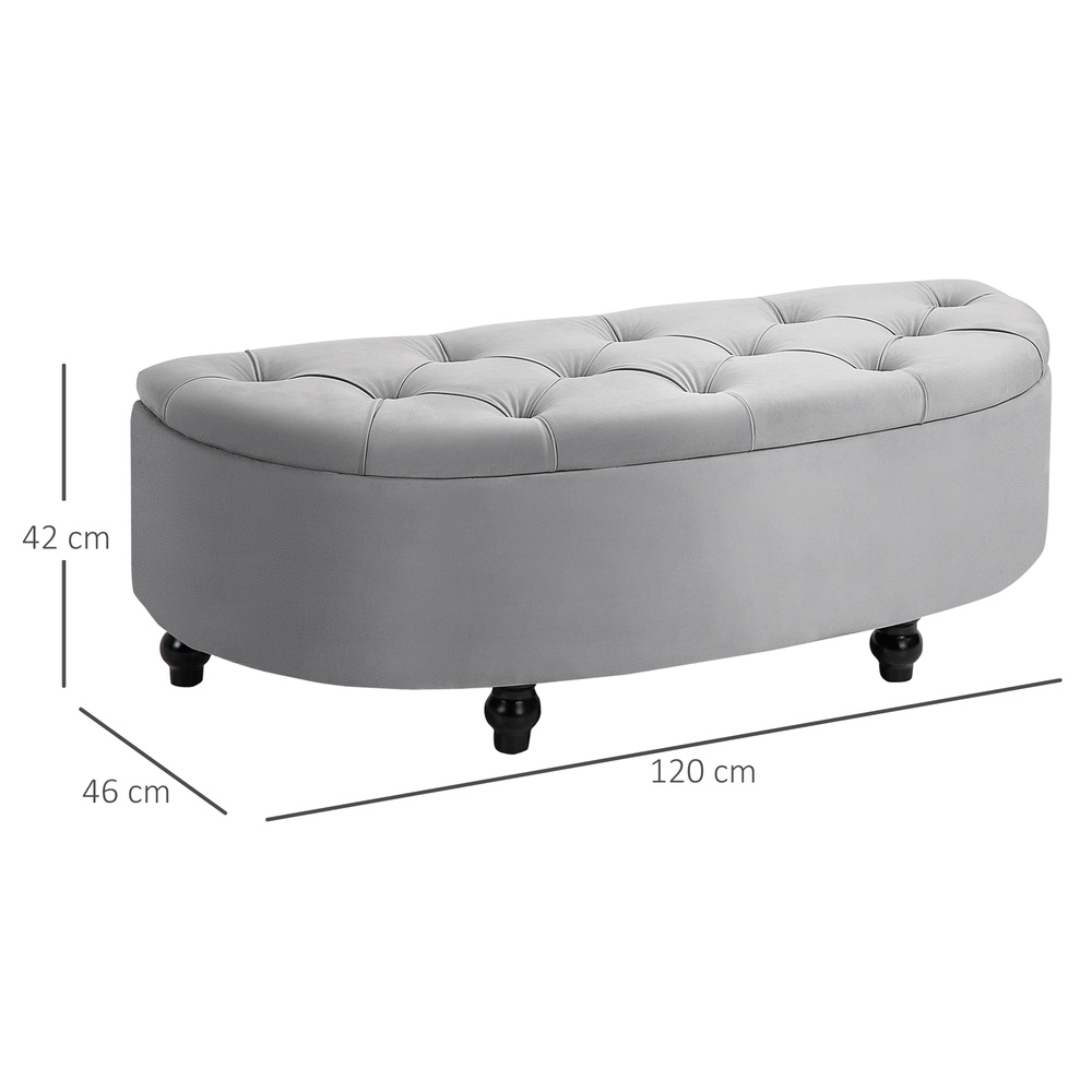 HOMCOM Semi-Circle Ottoman Storage Bench, Bed End Bench, Tufted Upholstered Window Seat Footrest Stool with Rubberwood Legs for Bedroom & Entryway, 120 x 46 x 42 cm, Light Grey