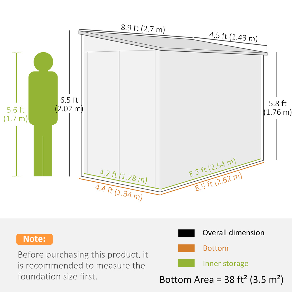 Outsunny 5 x 9ft Galvanised Metal Garden Shed with Foundation Kit, Outdoor Lean-to Shed, Tool Storage House with Lockable Doors, Gloves and 2 Air Vents for Patio, Garden, Brown
