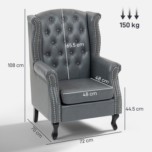 HOMCOM Wingback Accent Chair Tufted Chesterfield-style Armchair with Nail Head Trim for Living Room Bedroom Grey