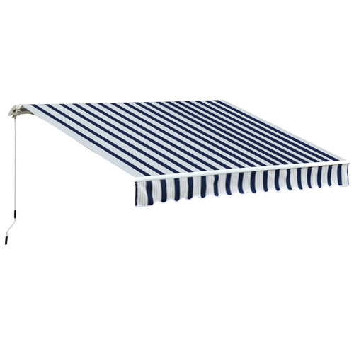 Outsunny Manual Retractable Awning, 3.5x2.5 m-Dark Blue/White Stripes