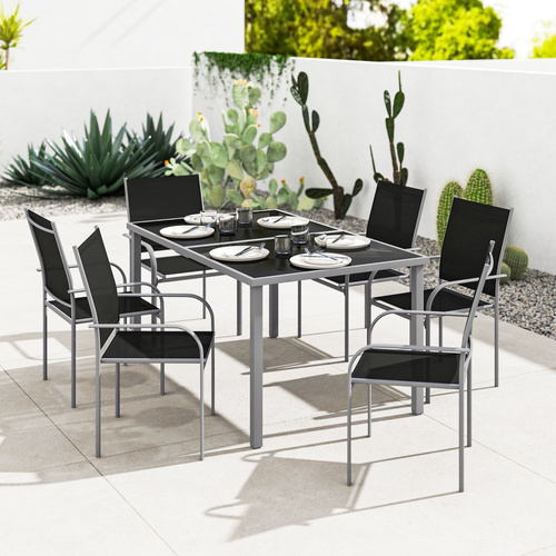 Outsunny 7 Piece Outdoor Garden Dining Set with Table and 6 Stackable Chairs, Steel Frame, Tempered Glass Top, Mesh Seats, Black