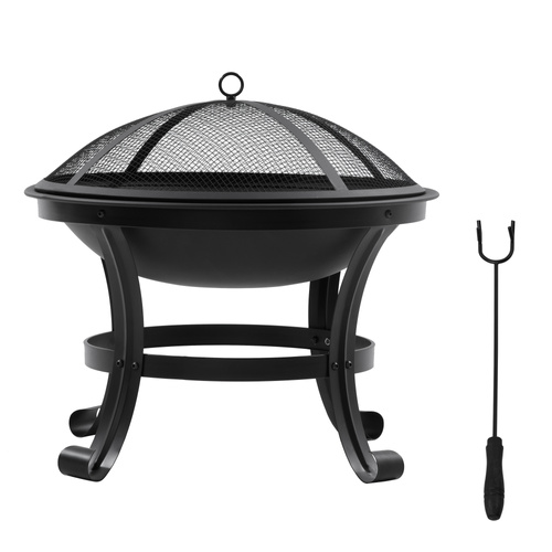 Outsunny Outdoor Fire Pit, Firepit with Mesh Lid, Poker, for Camping, Bonfire, Picnic, Black