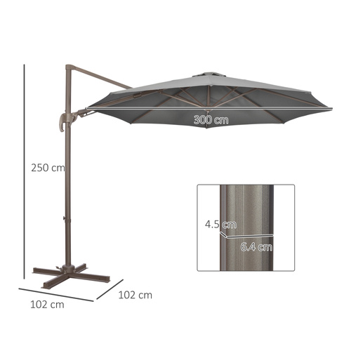 Outsunny 3(m) Cantilever Parasol 360° Rotation Roma Umbrella Hanging Sun Shade with Aluminium Frame, Tilt Crank, 8 Ribs and Cross Base, Dark Grey