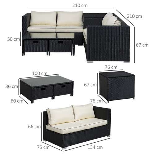 Outsunny 4 Pieces Rattan Garden Furniture Set, 4 Seater Corner Sofa Set with Storage Box, 2 Drawers Coffee Table, Loveseats with Cushions, Wicker Garden Conservatory Furniture for Balcony, Black