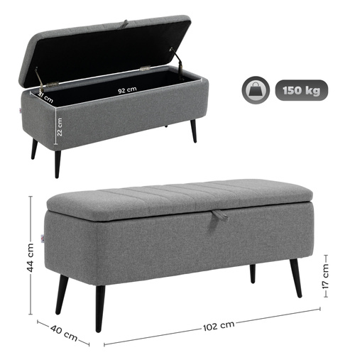 HOMCOM Storage Ottoman with Flip Top, Rectangular Upholstered Bench, Linen Look Fabric Footstool, Grey