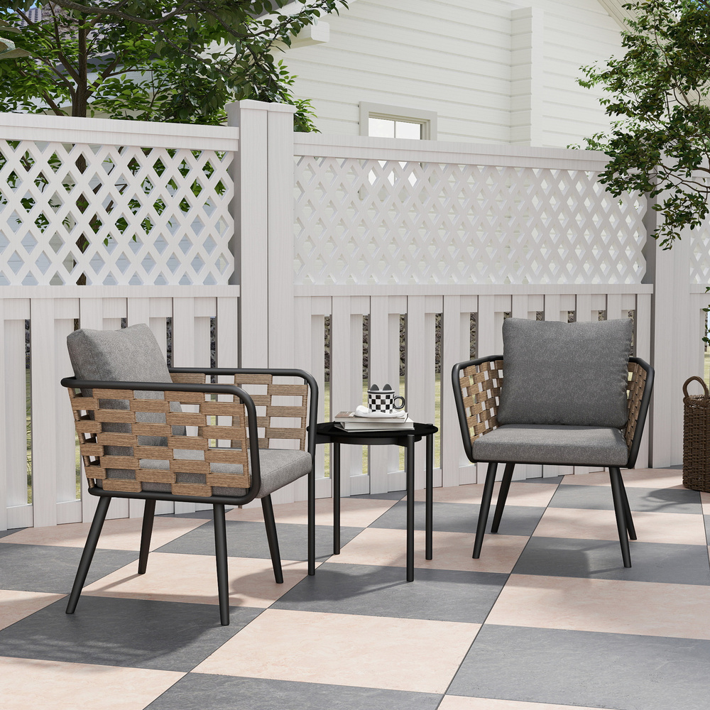 Outsunny 3 Pieces Rattan Bistro Set with Washable Seat and Back Cushions, Glass Top Coffee Table, for Outdoor, Patio, Black