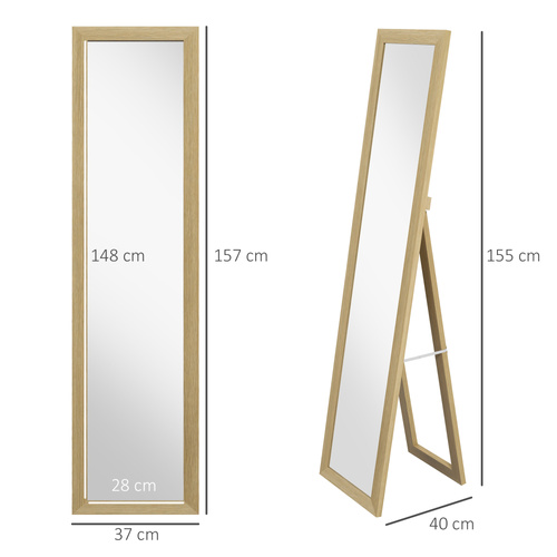 HOMCOM Full Length Mirror, 37 x 157 cm, Hanging or Freestanding, Rectangular Glass Full Body Mirror with Frame for Living Room, Bedroom, Cloakroom, Natural