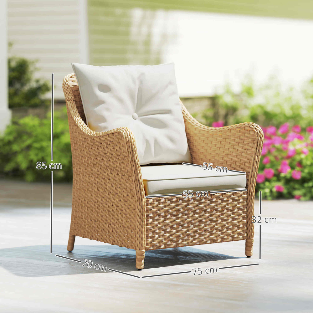 Outsunny Rattan Garden Chairs Set of 2, Outdoor Rattan Chairs with Cushions, Armrests and High Back, PE Wicker Garden Armchair with Steel Frame for Balcony, Porch, Beige