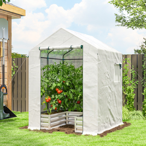 Outsunny Small Greenhouse with Raised Garden Bed, Galvanised Walk-in Greenhouse with Roll Up Windows, 141 x 141 x 190 cm, White