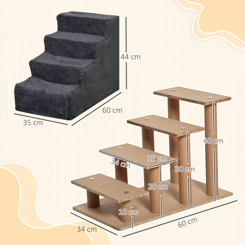 PawHut Four-Step Dog Stairs, with Washable Plush Cover, for High Bed Sofa, Dog Stairs for Small Dog and Cat - Dark Grey