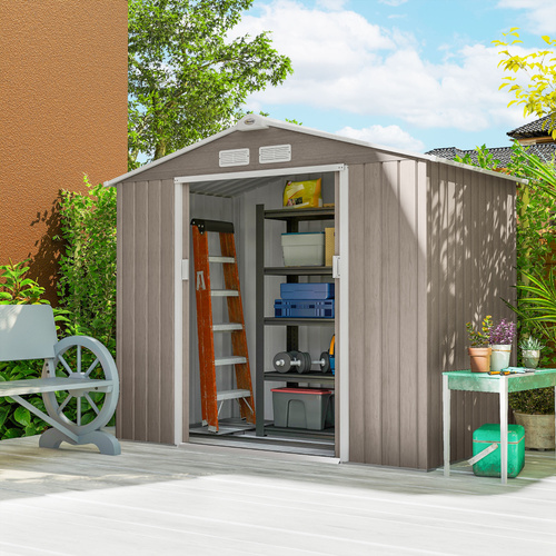 Outsunny 7 x 4ft Metal Garden Storage Shed with Vents, Floor Foundation Kit and Lockable Double Doors, Light Brown