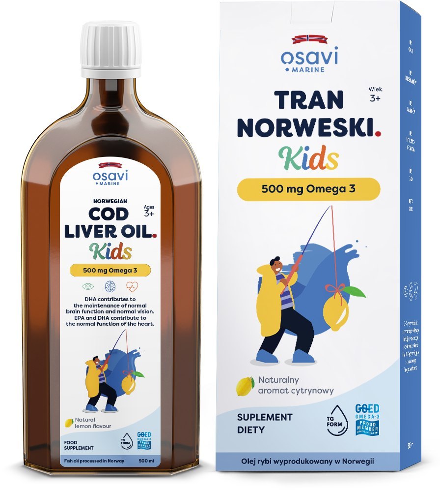 Osavi Norwegian Cod Liver Oil Kids 500mg Omega 3 Wspomaga Pracę Serca i Mózgu oraz Prawidłowe Widzenie dla Dzieci powyżej 3 Roku Życia Smak Cytrynowy 500ml