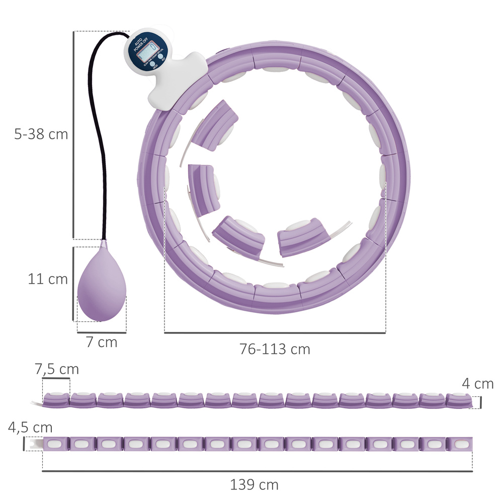 SPORTNOW Smart Weighted Hula Hoop, Massage Hula Ring w/ 16 Detachable Knots, 360° Auto-Rotating Ball, Digital Counter, Purple