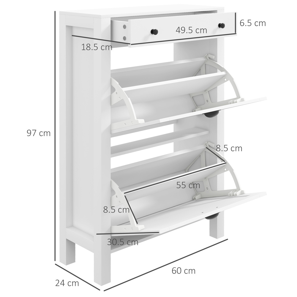 HOMCOM Narrow Shoe Cabinet with 2 Flip Drawers and Adjustable Shelves, White