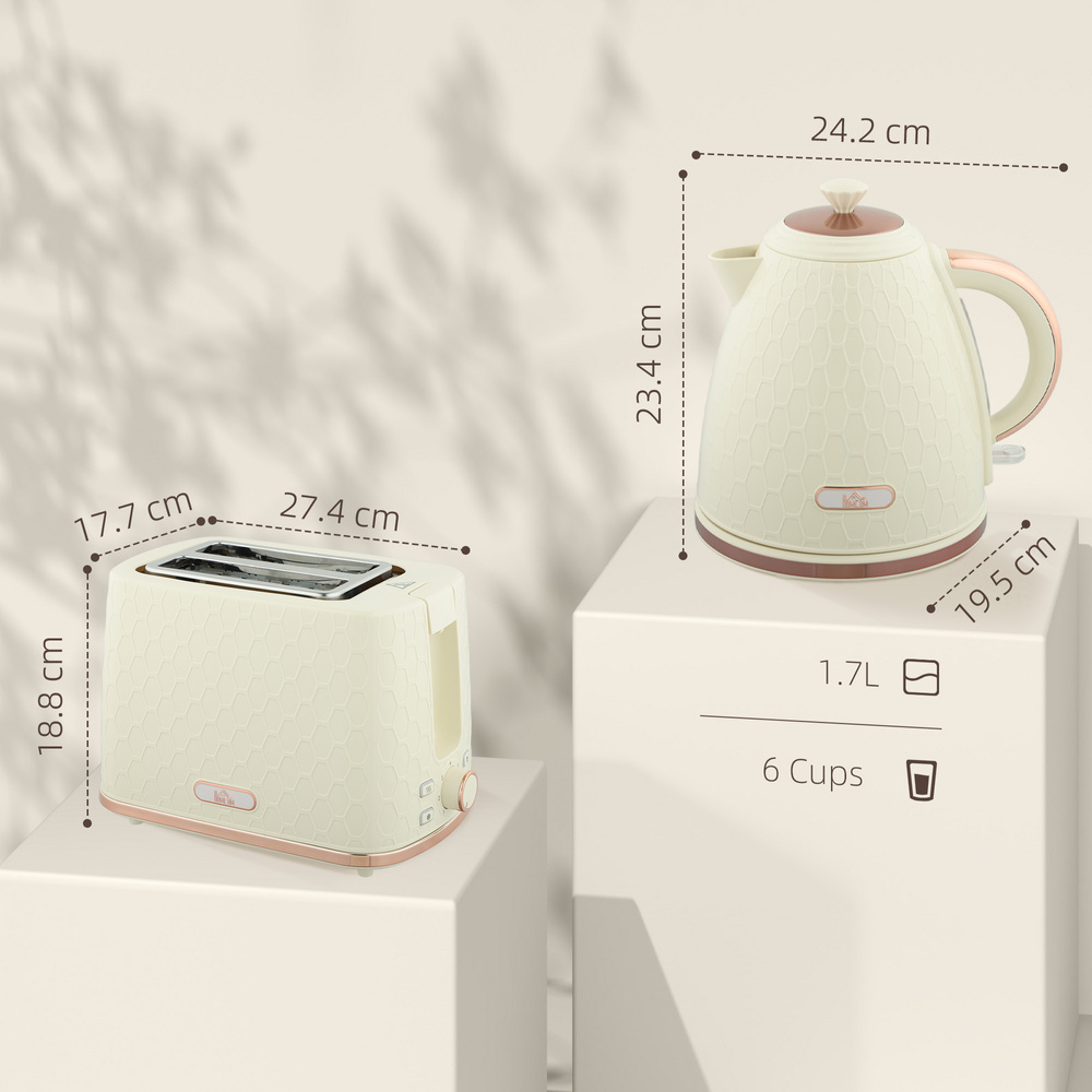 HOMCOM 1.7L 3000W Fast Boil Kettle & 2 Slice Toaster Set, Kettle and Toaster Set with Auto Shut Off, Browning Controls, Beige