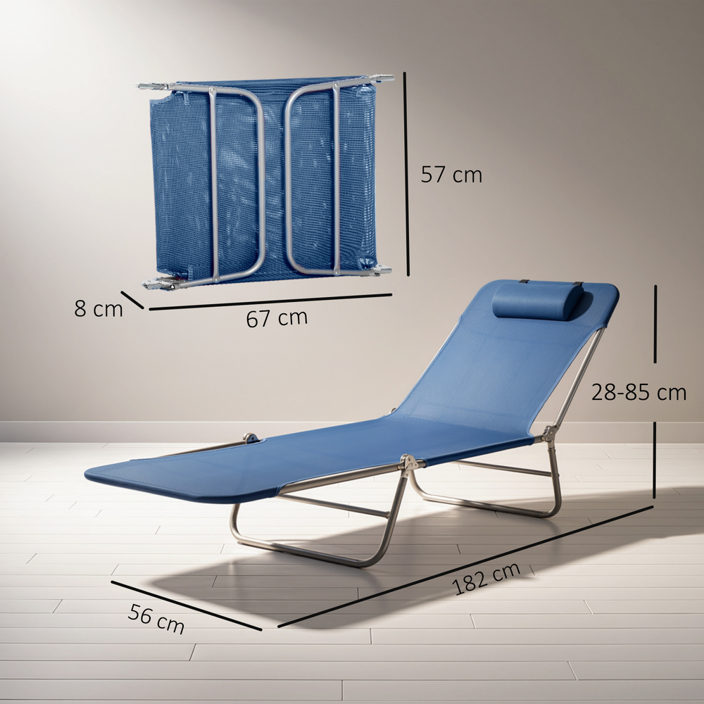 Outsunny Folding Sun Lounger with Head Pillow - Dark Blue
