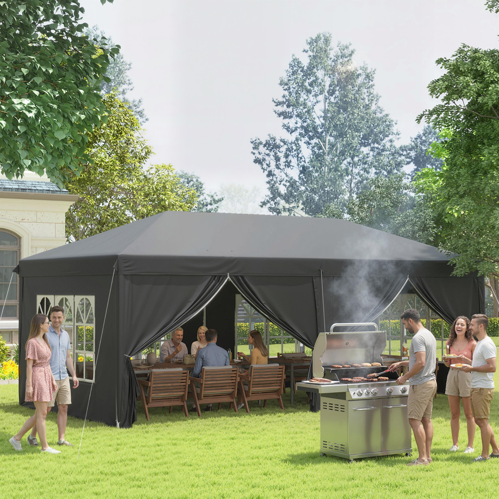 Outsunny 3 x 6 m Pop Up Gazebo with Sides and Windows, Height Adjustable Wedding Camping Party Tent Canopy Marquee with Storage Bag for Garden, Event, Black