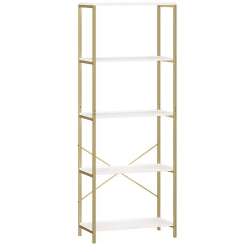 HOMCOM 5-Tier Bookshelf, Modern Bookcase with Metal Frame - White and Gold Tone