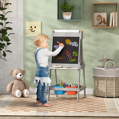 AIYAPLAY Art Easel for Kids with Paper Roll, Double-Sided Painting Easel with Chalkboard, Whiteboard