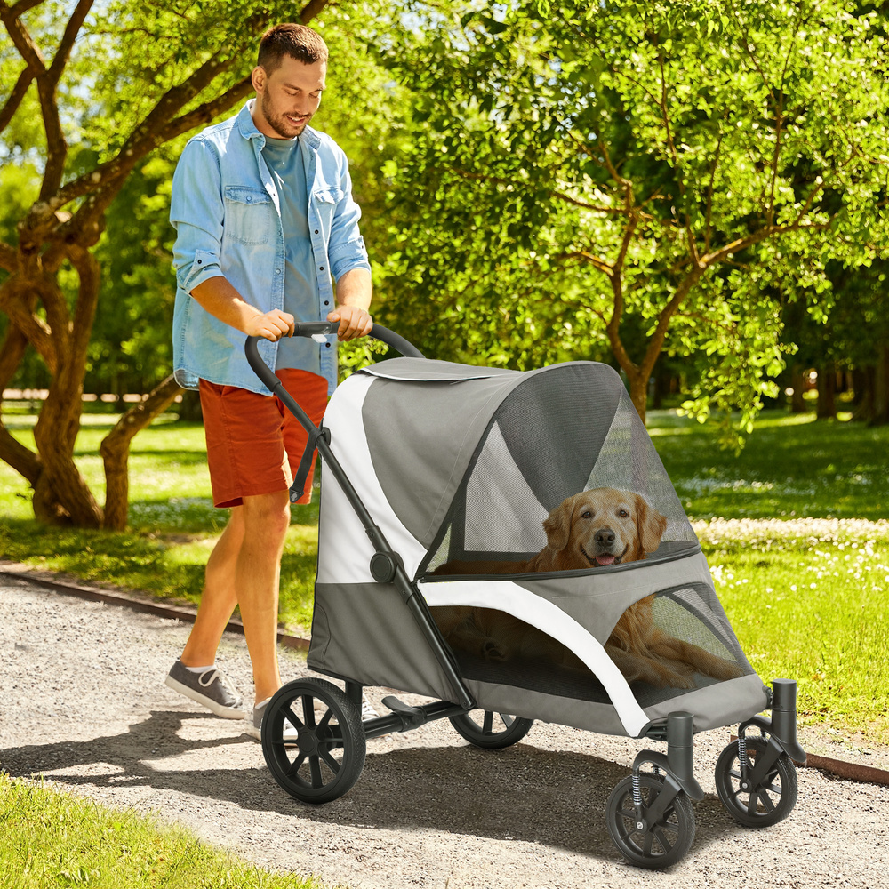 PawHut Foldable Pet Stroller for Large Dogs with 4 Big Wheels, Shock-Absorbing Frame, Safety Leashes, Brakes, Dark Grey
