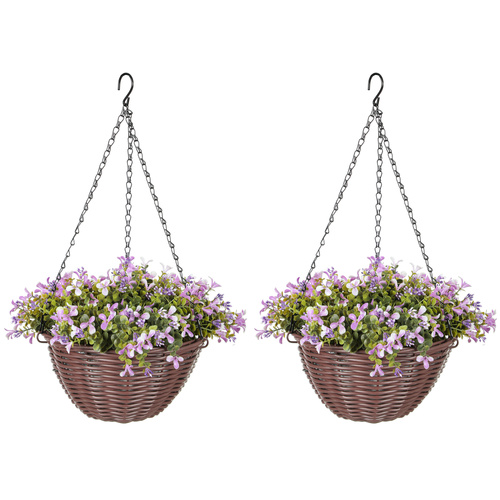 HOMCOM Artificial Flowers in Basket Set of 2, Artificial Hanging Baskets with 75 Leaves and 15 Flowers in Pot, Decorative Plant for Home Office Decor, Purple
