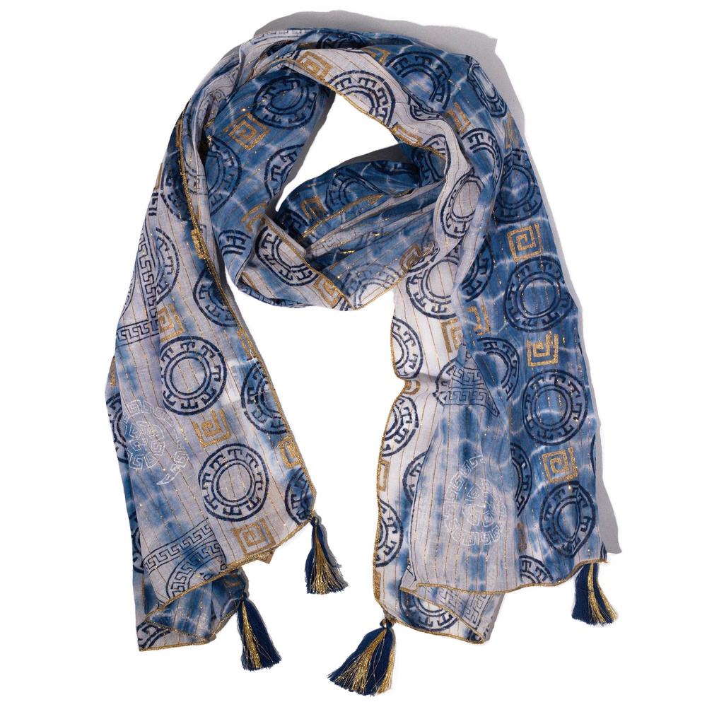Nomad Sari Summer Marbella Print Scarf - Blue with Gold (180x50cm)