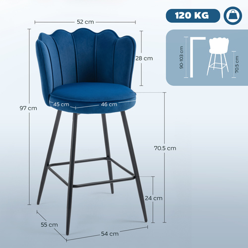 HOMCOM Set of Two Velvet-Feel Lotus Bar Stools - Dark Blue