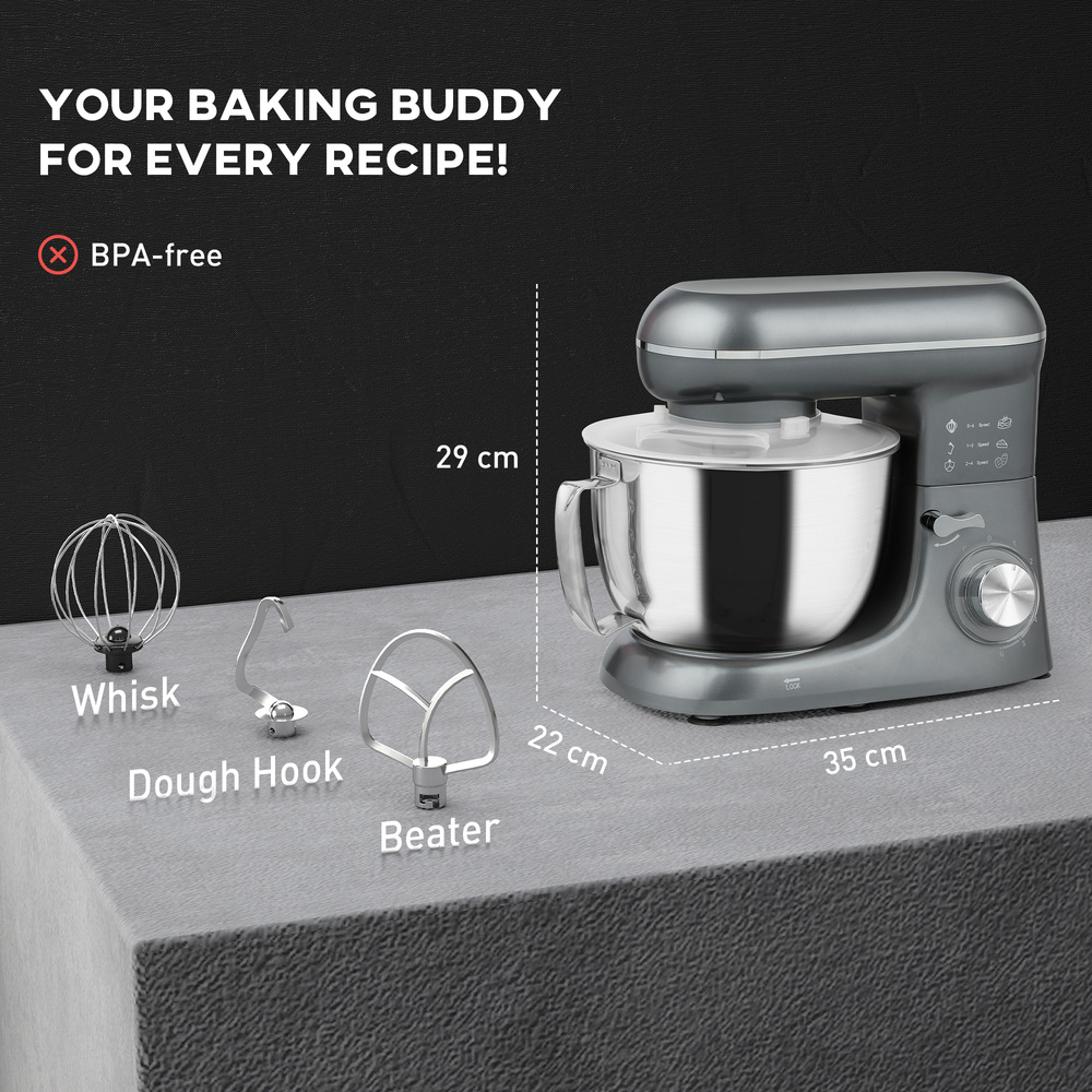 HOMCOM 1300W Kitchen Stand Mixer, with Accessories - Silver