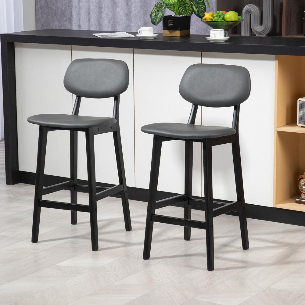 HOMCOM Bar Stools Set of 2, Breakfast Bar Chairs, PU Leather Upholstered Kitchen Stools with Backs, Footrests and Solid Wood Legs, Dark Grey