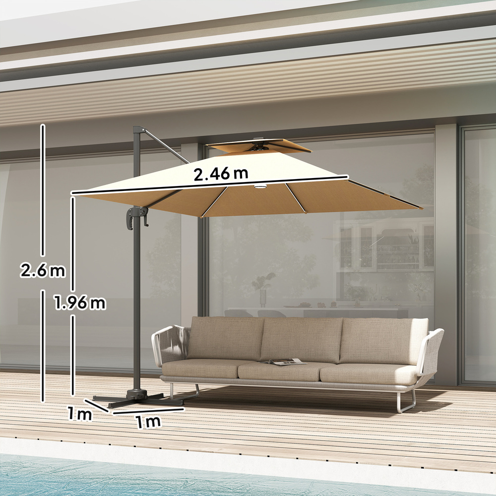 Outsunny 2.5m Cantilever Parasol with Solar Powered LED Lights, 360° Rotation, Tilt Adjustment, Crank Handle, Khaki