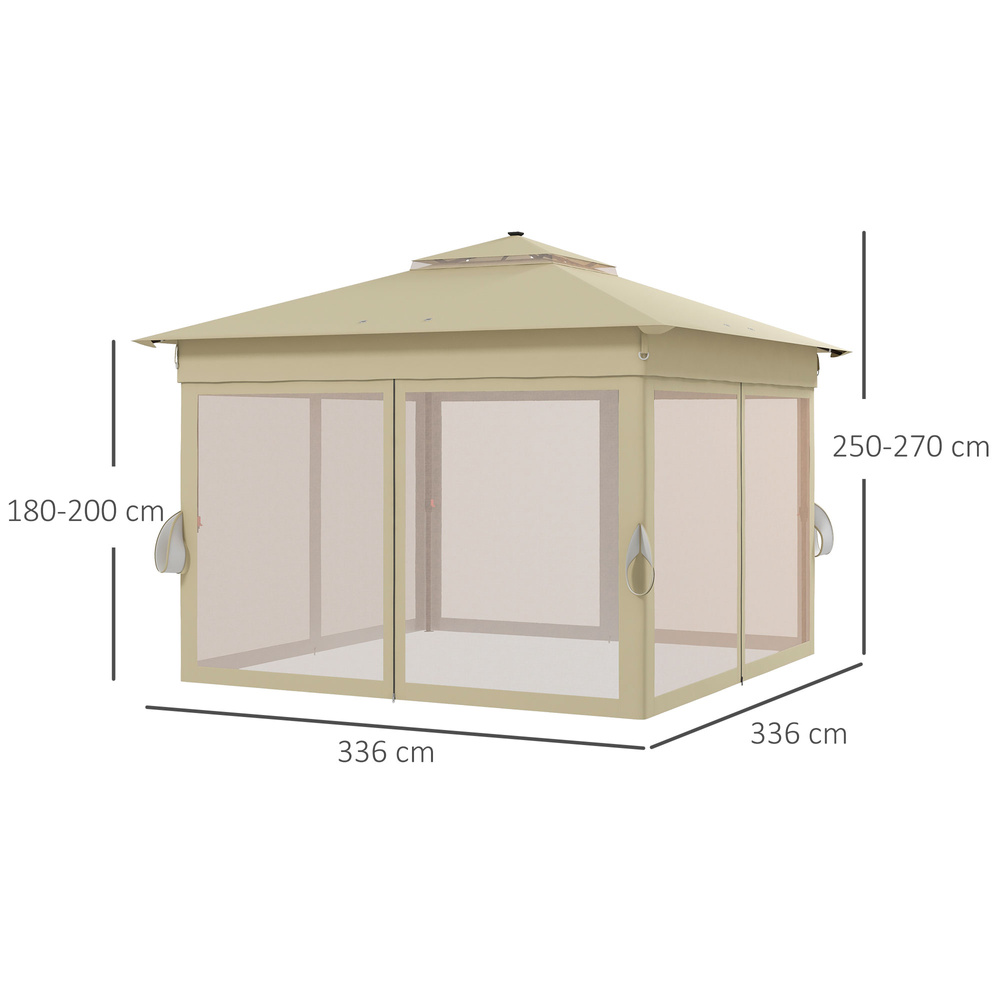 Outsunny 3.36 x 3.36m Pop Up Gazebo Party Tent with Solar-Powered LED Lights, Adjustable Event Shelter with Netting, Khaki
