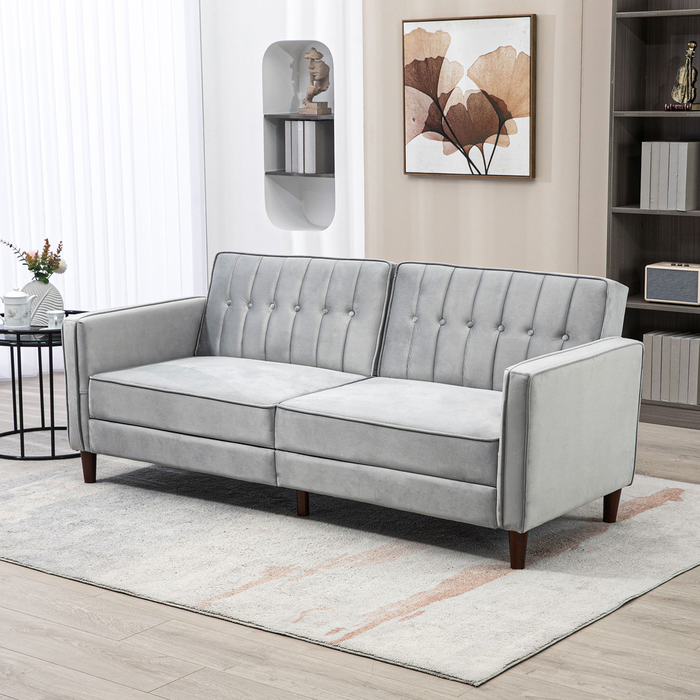 HOMCOM Modern Convertible Sofa Futon Velvet-Touch Tufted Couch with Adjustable Split Back, Light Grey