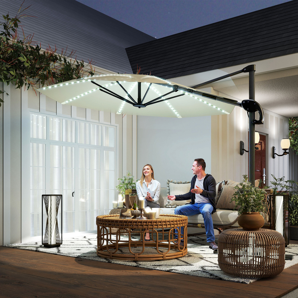 Outsunny 3(m) Cantilever Garden Parasol with Solar Powered Lights, Crank Handle & Cross Base, UPF 50+, 360° Rotation, Cream