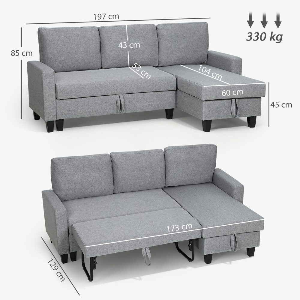 HOMCOM Three-Seater Storage Sofa Bed - Grey