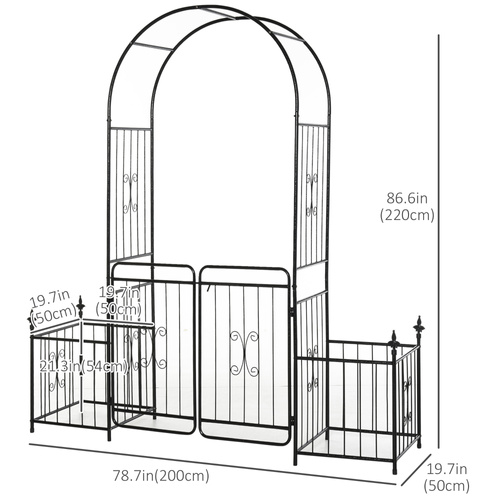 Outsunny Metal Garden Arbor Arch with Double Doors, 2 Side Planter Baskets, Climbing Vine Frame, Black