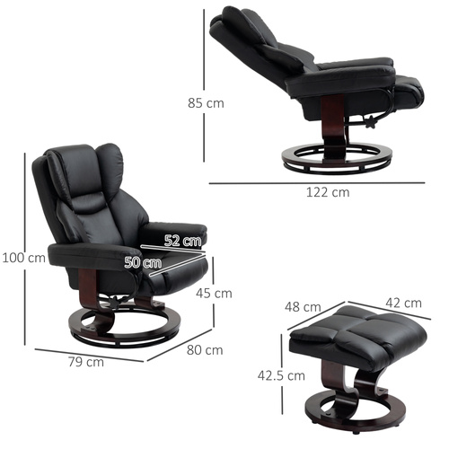 HOMCOM 360° Swivel Recliner Chair with Footstool, PU Leather Manual Recliner Armchair with Footstool, Solid Wood Base, Upholstered Reclining Chair for Living Room, Bedroom, Office, Black