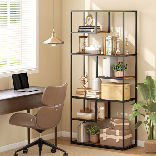 HOMCOM Industrial Bookcase Shelf, 6 Tier Metal Shelving, Storage Shelves for Living Room, Home Office, Bedroom, Rustic Brown