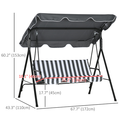 Outsunny 3 Seater Garden Swing Chair, Outdoor Swing Chair with Adjustable Canopy, Mental Frame & Cushions, Grey