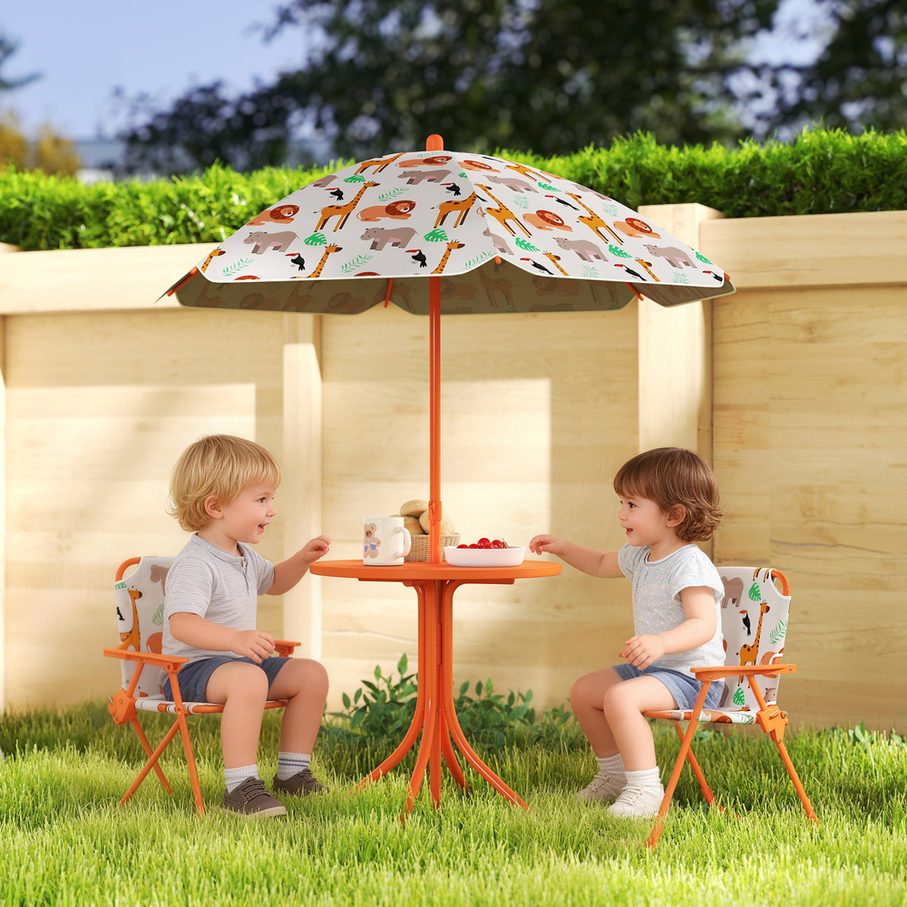 AIYAPLAY Kids Patio Set, Children Table and Chair Set, Outdoor Picnic Table with 2 Folding Chairs and Umbrella, Orange