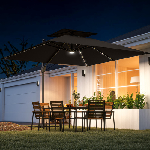 Outsunny 3.5x3 m Garden Cantilever Parasol with Solar LED Lights and Centre Light, Aluminium Large Square Patio Umbrella, UPF50+ Hanging Sun Shade with Cross Base, Crank Handle and Tilt, Grey